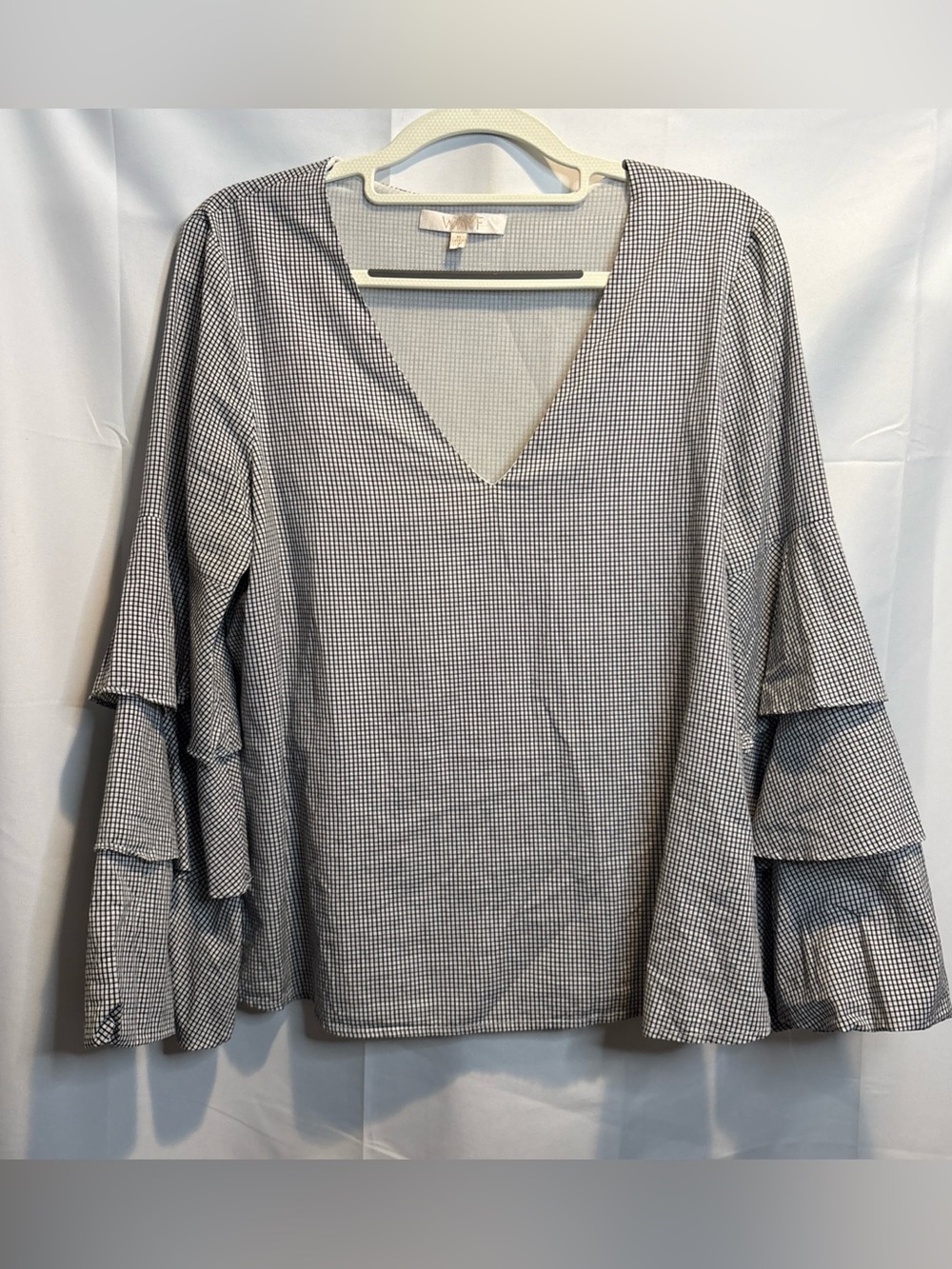 Wayf Black & White Gingham V-Neck Ruffle Sleeve Blouse